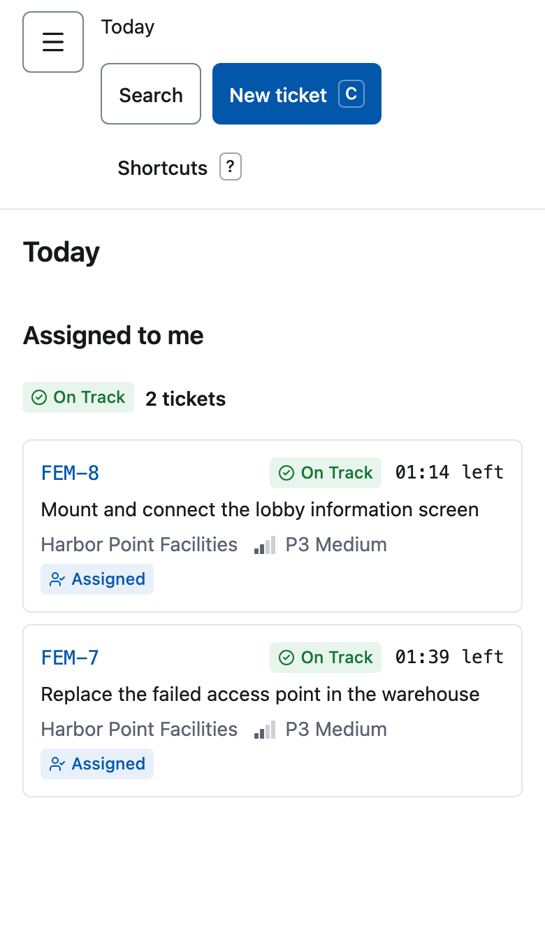 A technician's Today screen on a phone, listing the day's jobs