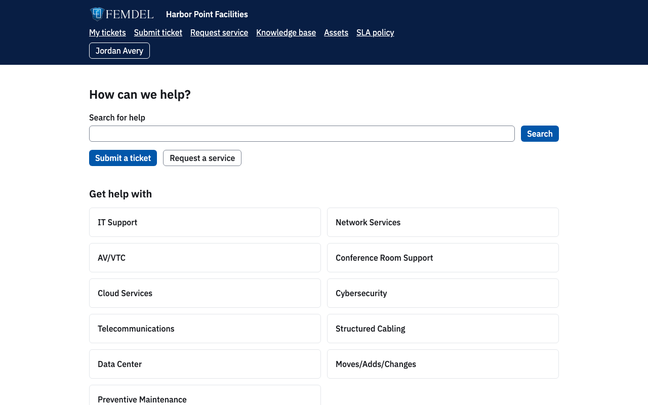 The customer portal home with search, submit a ticket, request a service and the service categories