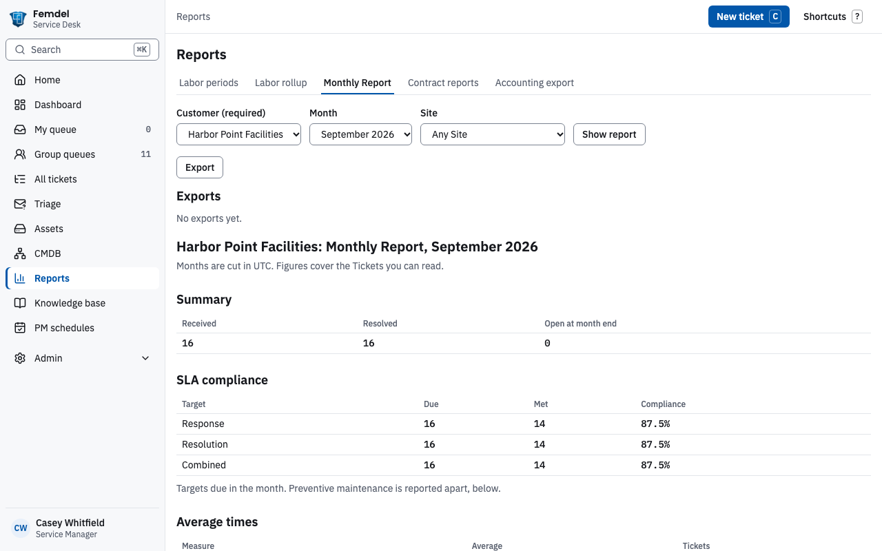 A monthly report with a summary of tickets received and resolved, and SLA compliance for response and resolution