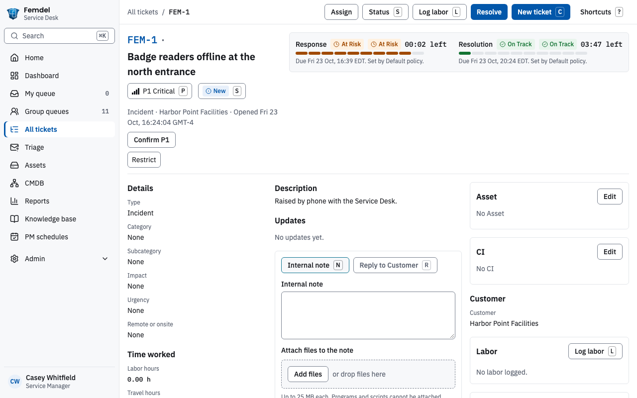 A ticket page with response and resolution timers, status chips, priority and the customer's details
